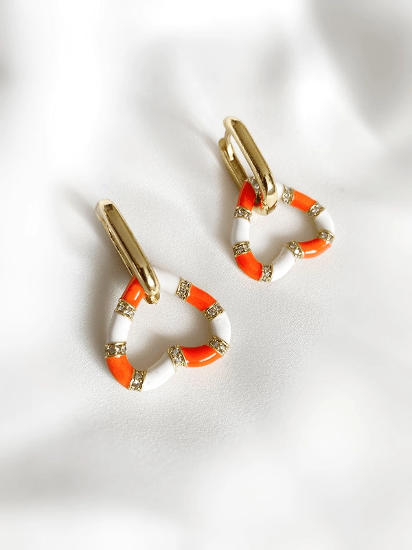 Orange Striped Heart Earrings