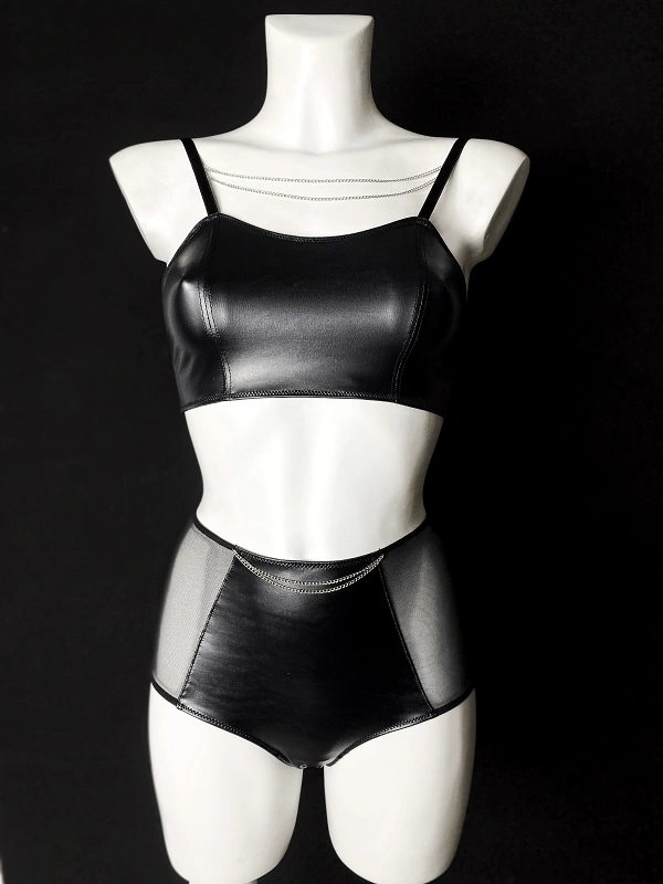 Chain Detailed Leather Bra Set