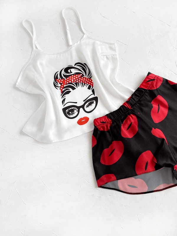 Lip Printed Satin Shorts Set