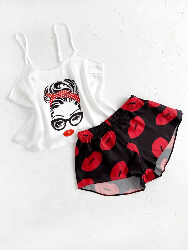 Lip Printed Satin Shorts Set