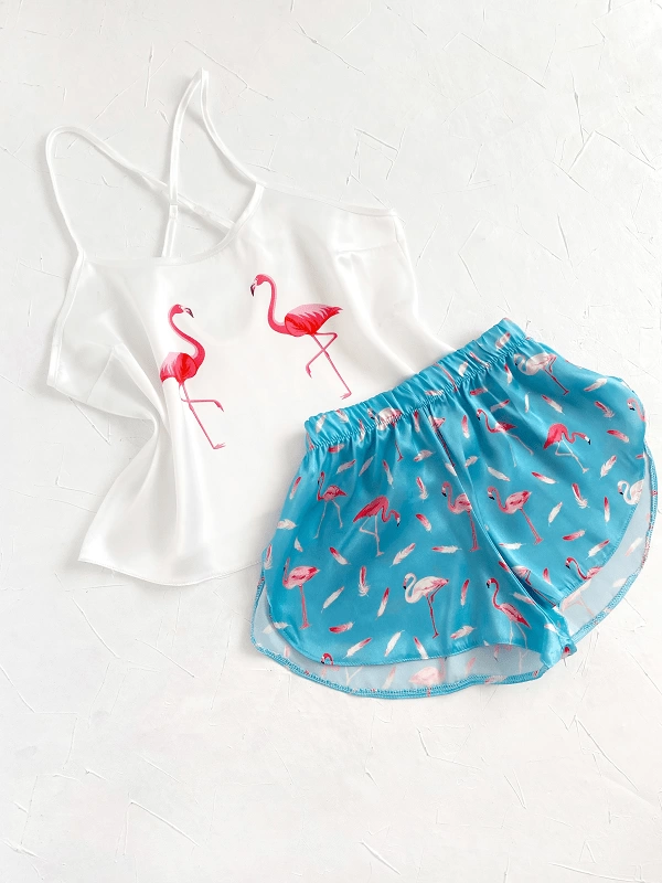 Flamingo Satin Shorts Set