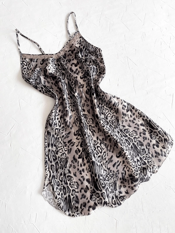 Gray Leopard Satin Nightgown
