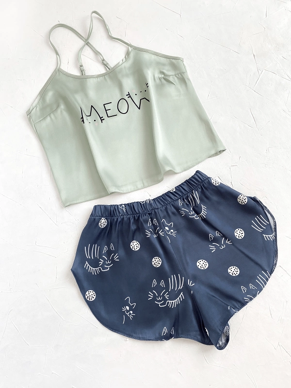 Meow Written Satin Shorts Set