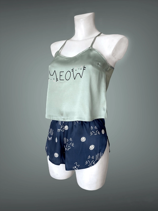 Meow Written Satin Shorts Set