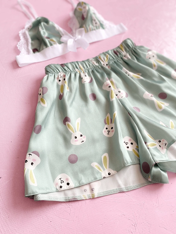 Rabbit Printed Satin Shorts Set