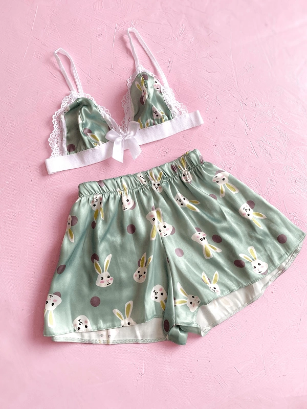 Rabbit Printed Satin Shorts Set