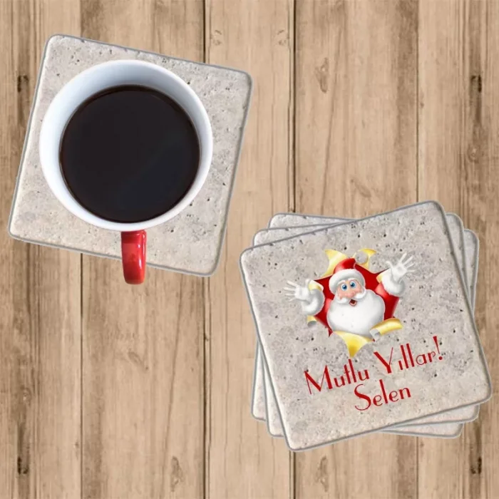 Noel Baba Taş Bardak Altlığı (4lü)