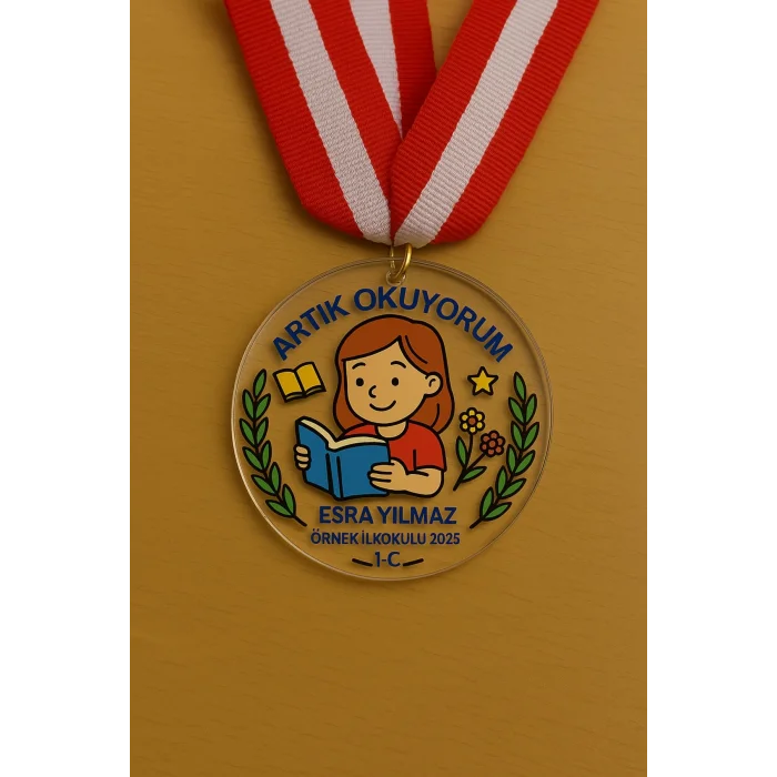 Artık Okuyorum Madalyası - Şeffaf Pleksi İlk Okuma Madalyası| Kız ve Erkek Öğrenciler İçin