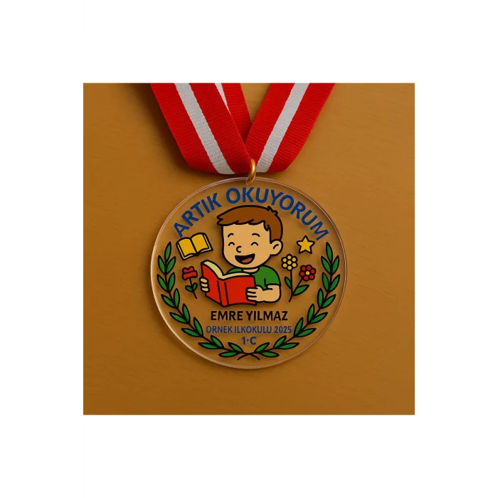 Artık Okuyorum Madalyası - Şeffaf Pleksi İlk Okuma Madalyası| Kız ve Erkek Öğrenciler İçin
