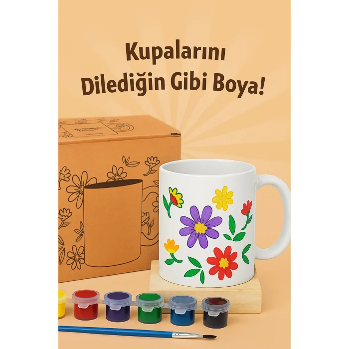 Kupa Boyama Seti - Kendin Boya Seramik Kupa (6 Renk Boya+Fırça) |Çocuk ve Yetişkinler İçin Hobi Seti