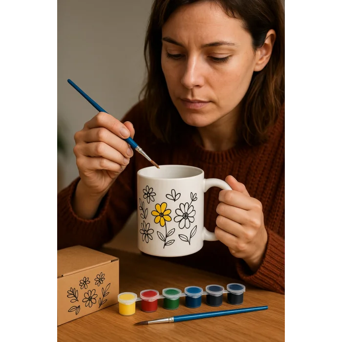 Kupa Boyama Seti - Kendin Boya Seramik Kupa (6 Renk Boya+Fırça) |Çocuk ve Yetişkinler İçin Hobi Seti