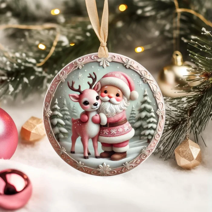 Yılbaşı Çam Ağacı Süsü - 3D Tasarımlı UV Baskılı - Noel Baba ve Geyik