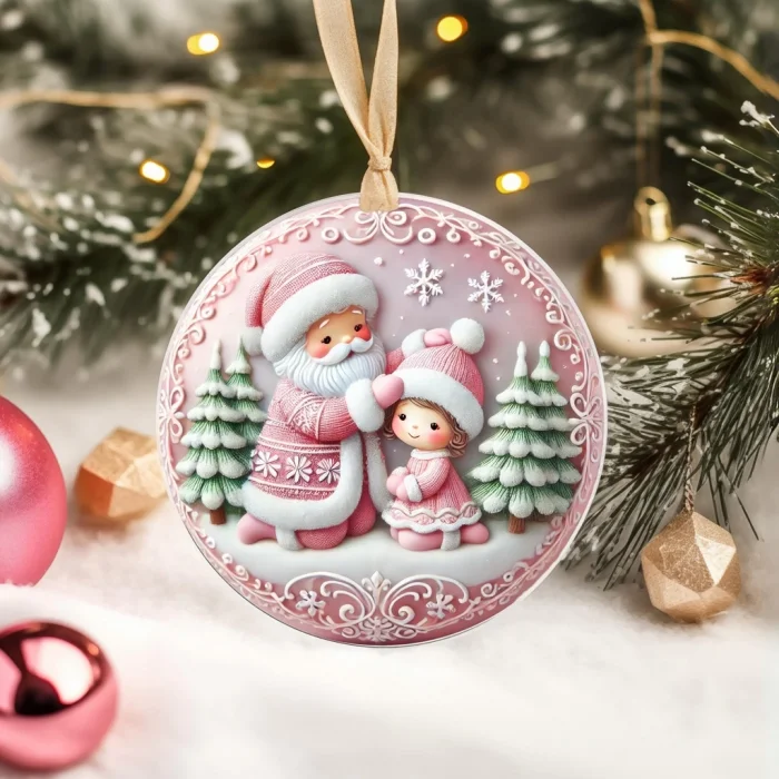 Yılbaşı Çam Ağacı Süsü - 3D Tasarımlı UV Baskılı - Noel Baba ve Çocuklu