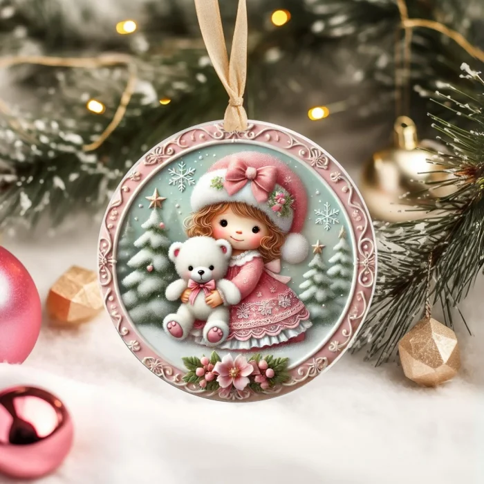 Yılbaşı Çam Ağacı Süsü - 3D Tasarımlı UV Baskılı - Kız Çocuğu ve Kutup Ayısı