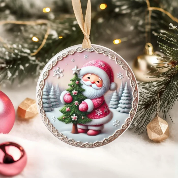 Yılbaşı Çam Ağacı Süsü - 3D Tasarımlı UV Baskılı - Noel Baba ve Çam Ağacı