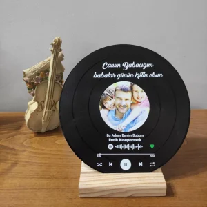 Kişiye Özel Spotify Barkodlu Ahşap Ayaklı Yuvarlak Plak