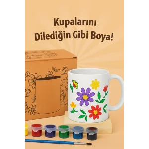 Kupa Boyama Seti - Kendin Boya Seramik Kupa (6 Renk Boya+Fırça) |Çocuk ve Yetişkinler İçin Hobi Seti