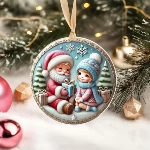 Yılbaşı Çam Ağacı Süsü - 3D Tasarımlı UV Baskılı - Noel Baba ve Kız