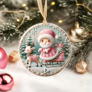 Yılbaşı Çam Ağacı Süsü - 3D Tasarımlı UV Baskılı - Noel Baba ve Geyik