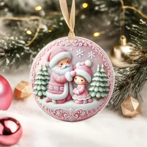 Yılbaşı Çam Ağacı Süsü - 3D Tasarımlı UV Baskılı - Noel Baba ve Çocuklu