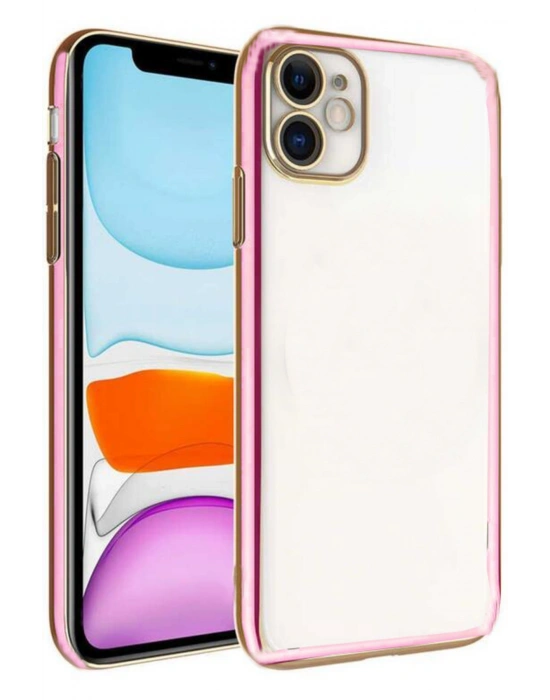 iPhone 11 arka Kapak Kılıf Şeffaf Renkli Pembe kenarlı rose