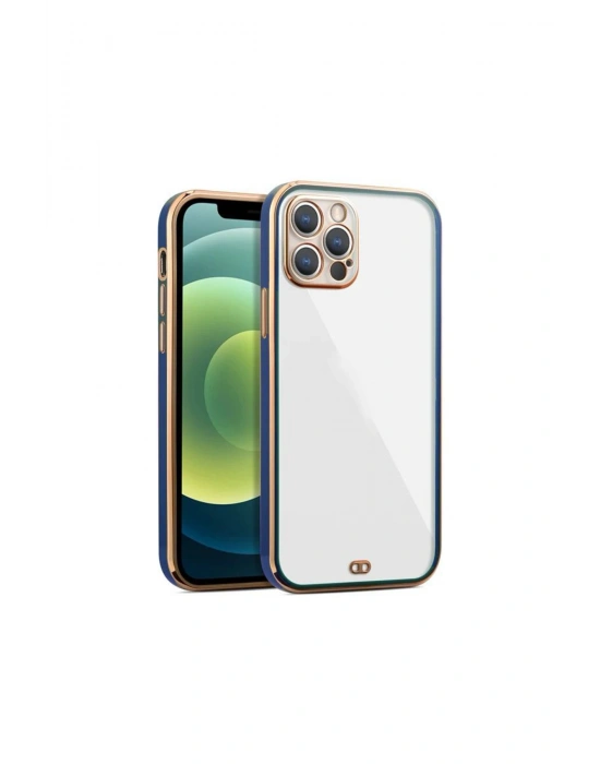 iPhone 12 Pro Max Uyumlu Arka kapak Kılıf Mavi kenarlı rose