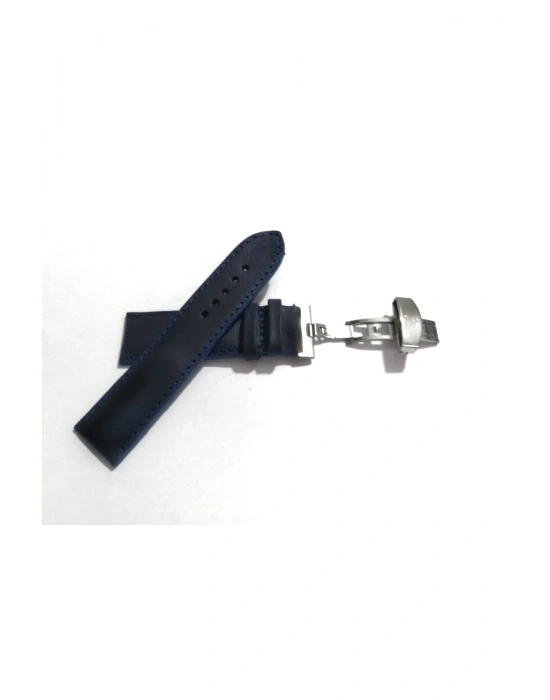 Her Saate Uygun Kelebek Toka 24 MM Deri (255) Uyumlu GUMUŞ TOKA MAVİ