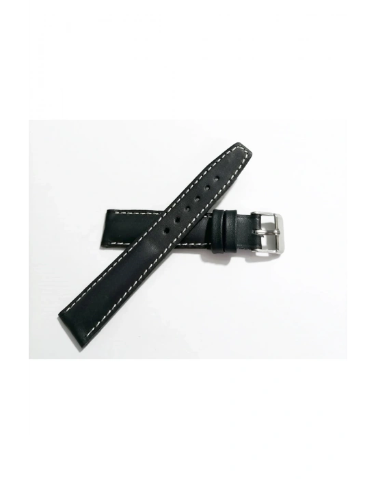 & Her Saate Uyumlu Hakiki Siyah Deri Saat Kordonu 20 mm (304) beyaz dikişli