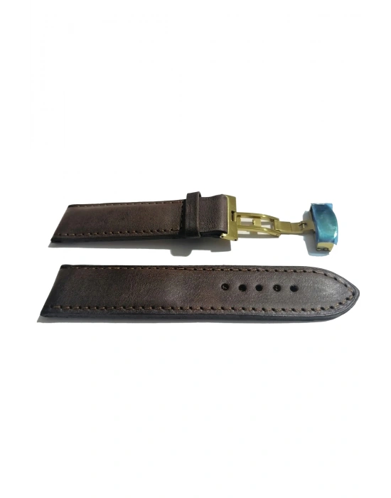 &Hertür Saate &Uygun Kelebek Toka 24 MM koyu kahverengı kordon (449 ) altın rengi toka