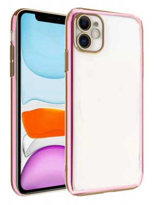 iPhone 11 arka Kapak Kılıf Şeffaf Renkli Pembe kenarlı rose