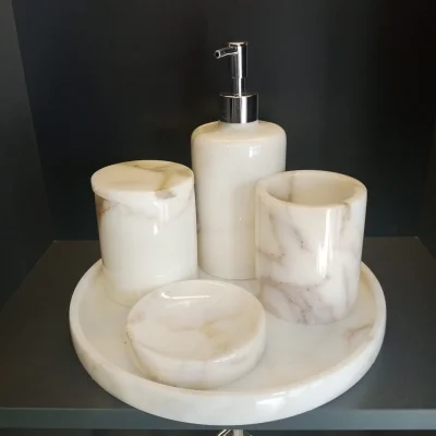 Gerçek Mermer Beyaz 5li Banyo Seti