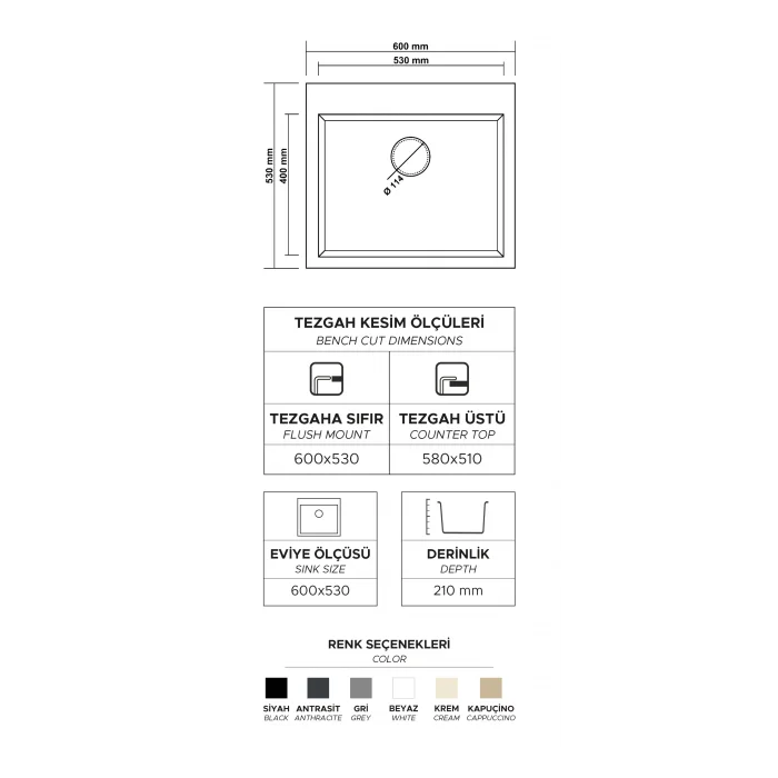 K002 Tek Gözlü Granit Eviye 600 x 530