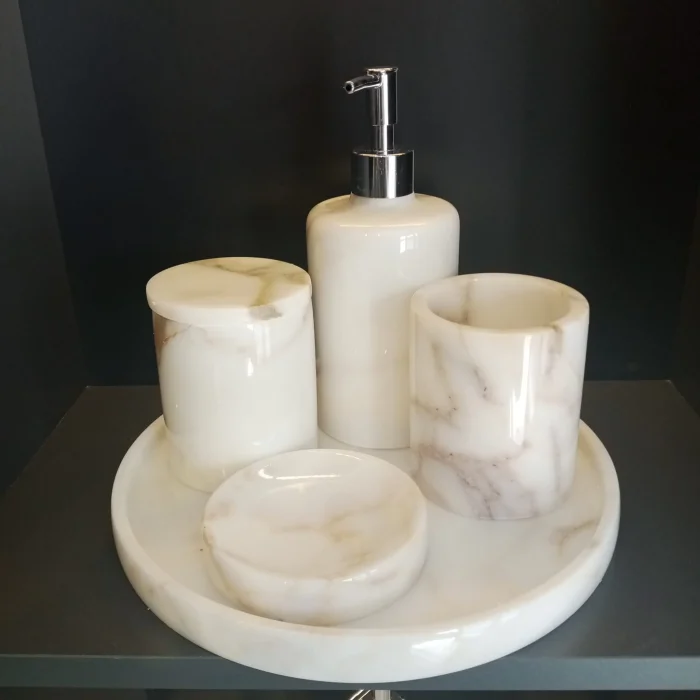 Gerçek Mermer Beyaz 5li Banyo Seti