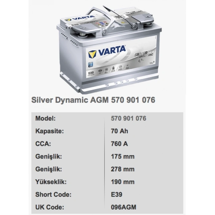 12V-70 AH VARTA AGM STAR STOP AKÜ