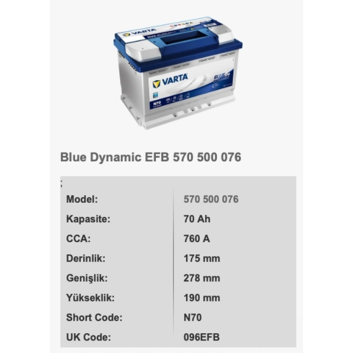 12V-70 AH VARTA EFB STAR STOP AKÜ