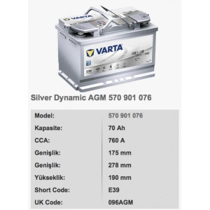 12V-70 AH VARTA AGM STAR STOP AKÜ