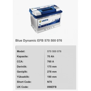 12V-70 AH VARTA EFB STAR STOP AKÜ