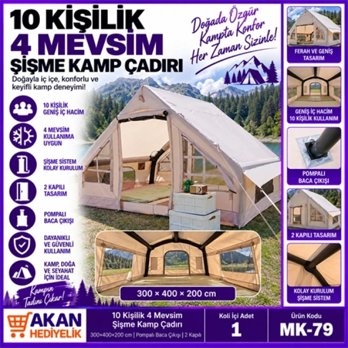 10 Kişilik 4 Mevsim Şişme Kamp Çadırı – Geniş Aile Çadırı