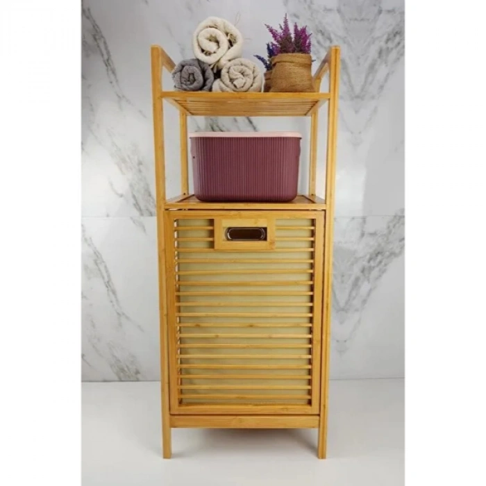 2 Organizer Raflı Ahşap Bambu Çek-Aç Kirli Sepeti