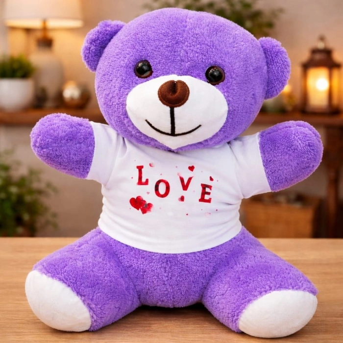 Love Baskılı Tişörtlü Peluş Mor Ayıcık