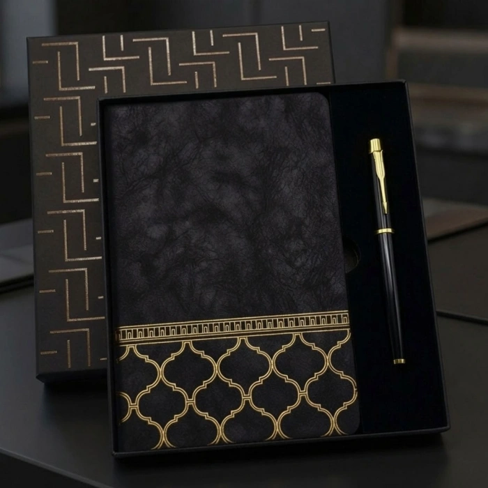 Toptan Gold Desen Siyah Deri Defter Kalem Set