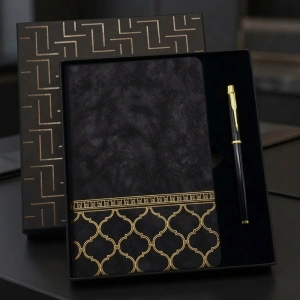 Toptan Gold Desen Siyah Deri Defter Kalem Set