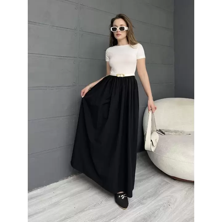 Kısa Kollu Kemerli Kloş Elbise