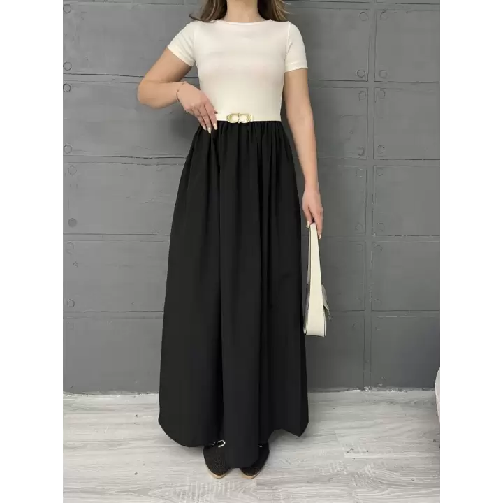 Kısa Kollu Kemerli Kloş Elbise