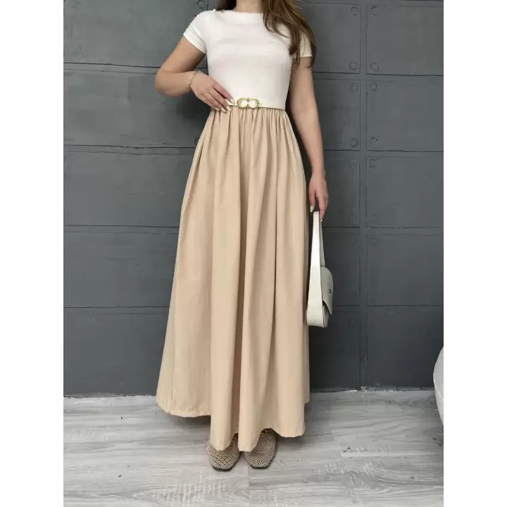 Kısa Kollu Kemerli Kloş Elbise