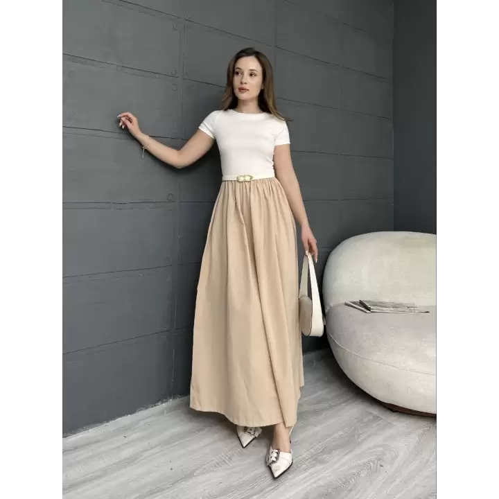 Kısa Kollu Kemerli Kloş Elbise