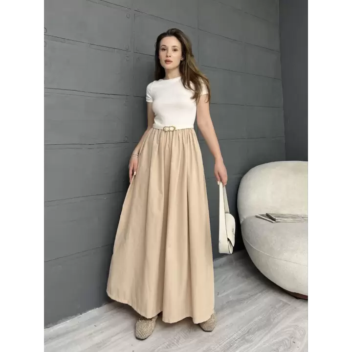 Kısa Kollu Kemerli Kloş Elbise