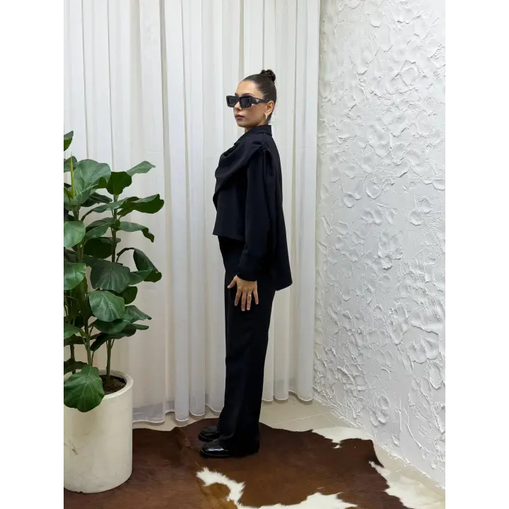 Lacivert Dökümlü Kumaş Asimetrik Ceket Gömlek & Palazzo Pantolon Set