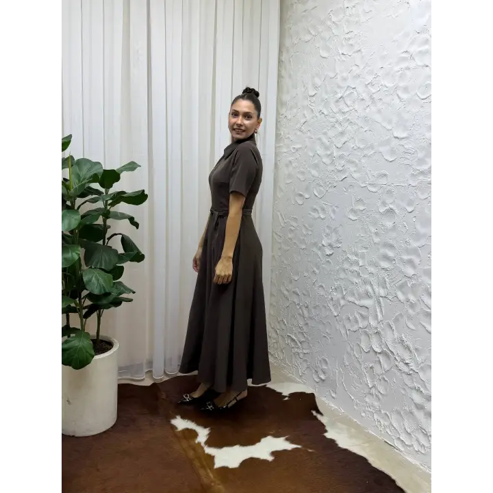 Belden Bağlamalı Kısa Kollu Gömlek Yaka Maksi Boy Elbise - Kahverengi