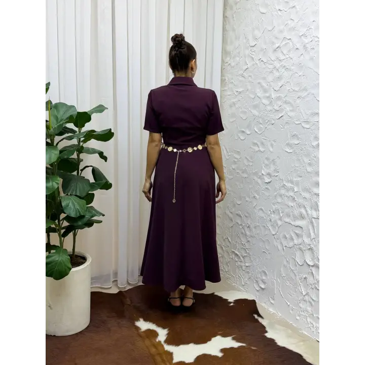 Belden Bağlamalı Kısa Kollu Gömlek Yaka Maksi Boy Elbise - Bordo